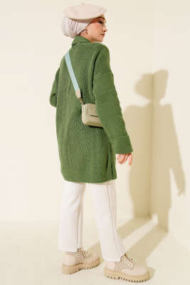 Şal Yaka Pirinç Örgü Triko Hırka Yeşil - Hırka