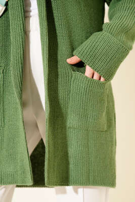 Şal Yaka Pirinç Örgü Triko Hırka Yeşil - Hırka