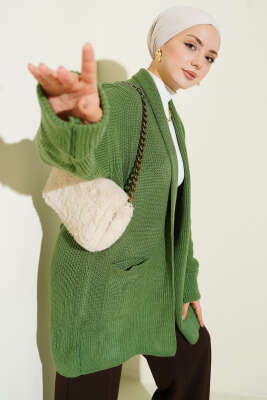 Şal Yaka Pirinç Örgü Triko Hırka Yeşil 