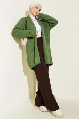 Şal Yaka Pirinç Örgü Triko Hırka Yeşil - Hırka
