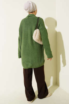 Şal Yaka Pirinç Örgü Triko Hırka Yeşil - Hırka