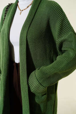 Şal Yaka Pirinç Örgü Triko Hırka Yeşil - Hırka