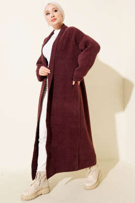 Şal Yaka Sakallı Triko Uzun Hırka Bordo - HELLIE