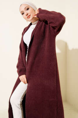 Şal Yaka Sakallı Triko Uzun Hırka Bordo - Hırka