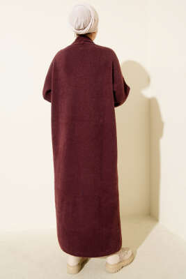 Şal Yaka Sakallı Triko Uzun Hırka Bordo - Hırka