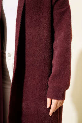 Şal Yaka Sakallı Triko Uzun Hırka Bordo - Hırka