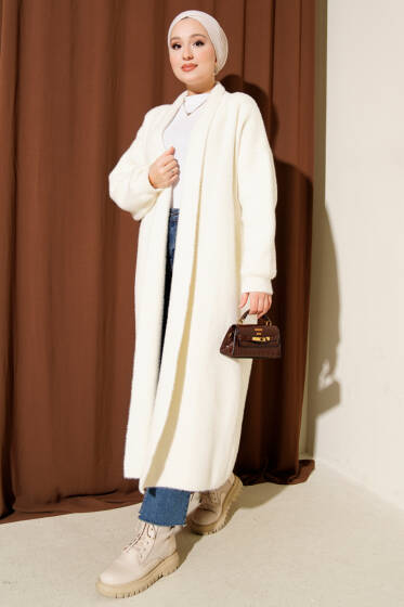 Şal Yaka Sakallı Triko Uzun Hırka Ekru - Hırka
