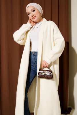 Şal Yaka Sakallı Triko Uzun Hırka Ekru - Hırka