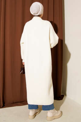 Şal Yaka Sakallı Triko Uzun Hırka Ekru - Hırka