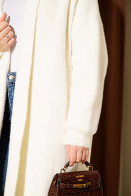 Şal Yaka Sakallı Triko Uzun Hırka Ekru - Hırka