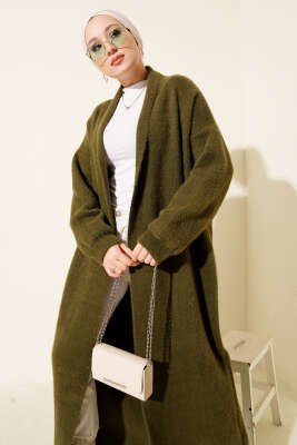 Şal Yaka Sakallı Triko Uzun Hırka Haki - Hırka