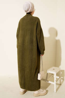 Şal Yaka Sakallı Triko Uzun Hırka Haki - Hırka