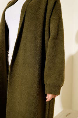 Şal Yaka Sakallı Triko Uzun Hırka Haki - Hırka