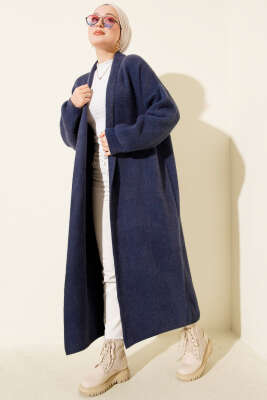 Şal Yaka Sakallı Triko Uzun Hırka Lacivert - HELLIE