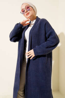 Şal Yaka Sakallı Triko Uzun Hırka Lacivert - Hırka