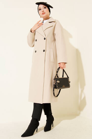 Şal Yaka Uzun Kaşe Kaban Bej - Kaban