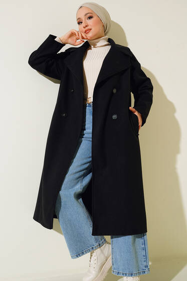 Şal Yaka Uzun Kaşe Kaban Siyah - Kaban