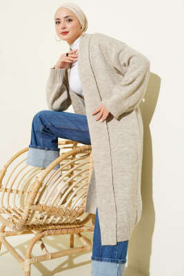 Şal Yaka Uzun Triko Hırka Bej - HELLIE