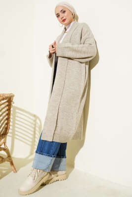 Şal Yaka Uzun Triko Hırka Bej - Hırka