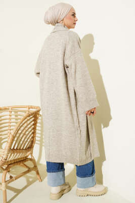 Şal Yaka Uzun Triko Hırka Bej - Hırka