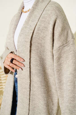 Şal Yaka Uzun Triko Hırka Bej - Hırka