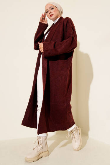 Şal Yaka Uzun Triko Hırka Bordo - Hırka