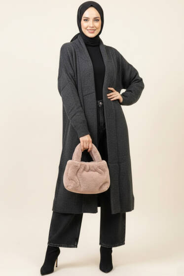 Şal Yaka Uzun Triko Hırka Füme - Hırka