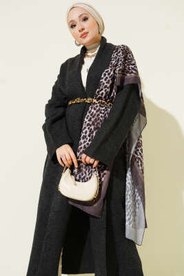 Şal Yaka Uzun Triko Hırka Füme - Hırka