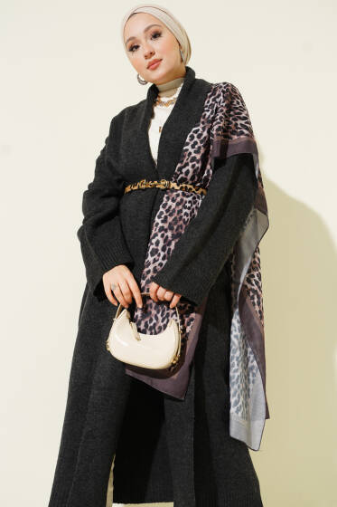 Şal Yaka Uzun Triko Hırka Füme - Hırka