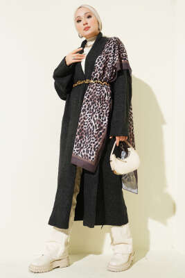 Şal Yaka Uzun Triko Hırka Füme - Hırka