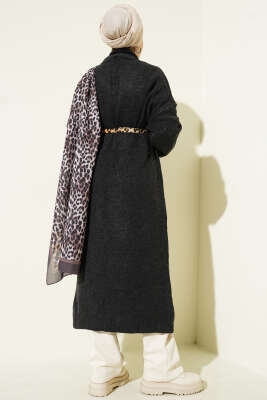 Şal Yaka Uzun Triko Hırka Füme - Hırka