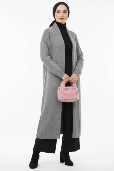 Şal Yaka Uzun Triko Hırka Gri - Hırka