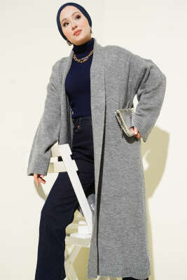 Şal Yaka Uzun Triko Hırka Gri 