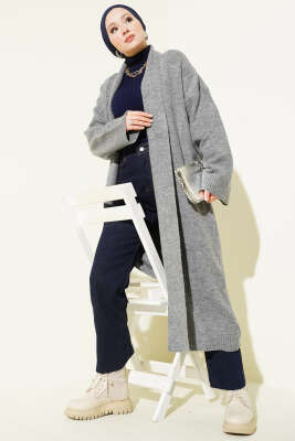 Şal Yaka Uzun Triko Hırka Gri - Hırka