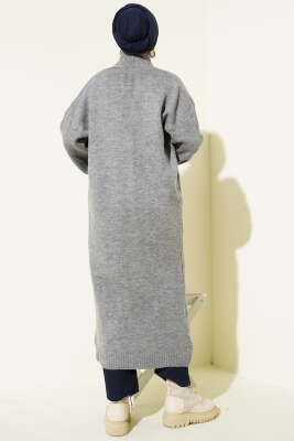 Şal Yaka Uzun Triko Hırka Gri - Hırka