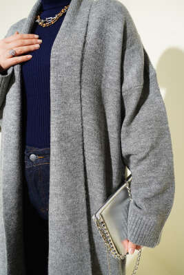 Şal Yaka Uzun Triko Hırka Gri - Hırka