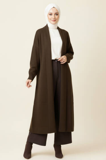 Şal Yaka Uzun Triko Hırka Kahve - Hırka