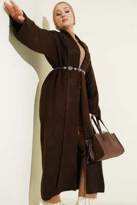 Şal Yaka Uzun Triko Hırka Kahve 