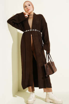 Şal Yaka Uzun Triko Hırka Kahve - Hırka