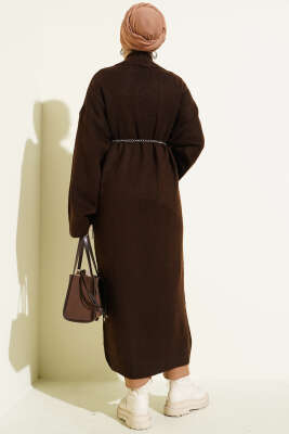 Şal Yaka Uzun Triko Hırka Kahve - Hırka