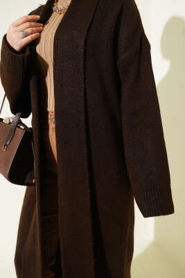 Şal Yaka Uzun Triko Hırka Kahve - Hırka