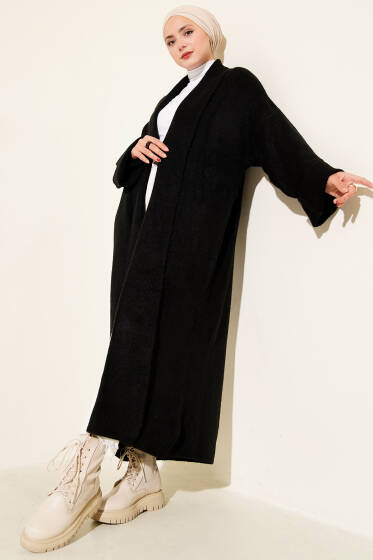 Şal Yaka Uzun Triko Hırka Siyah - Hırka