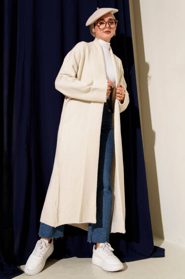 Şal Yaka Uzun Triko Hırka Taş - Hırka