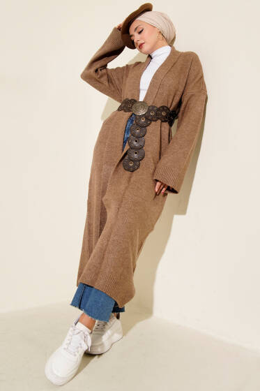 Şal Yaka Uzun Triko Hırka Vizon - Hırka