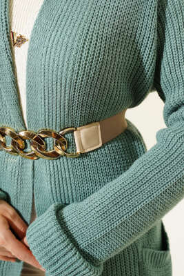 Şal Yakalı Çağla Yeşili Triko Hırka - Triko Hırka