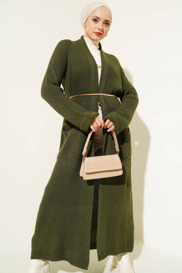 Şal Yakalı Haki Triko Hırka - Hırka