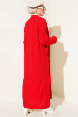 Şal Yakalı Kırmızı Triko Hırka - Triko Hırka