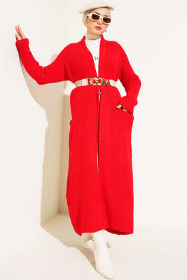 Şal Yakalı Kırmızı Triko Hırka - Triko Hırka