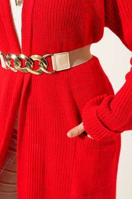 Şal Yakalı Kırmızı Triko Hırka - Triko Hırka