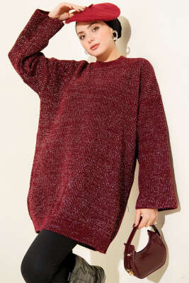 Salaş Bisiklet Yaka Simli Triko Tunik Bordo - RAFİMİX
